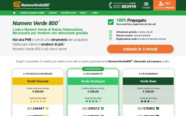 NumeroVerde800: e-commerce WooCommerce su misura per l'acquisto di numeri verdi 800. PageSpeed 95, 19 richieste