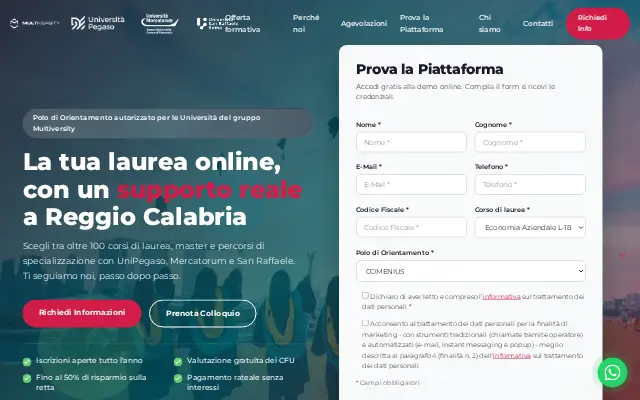 Unipegaso Reggio Calabria: landing con theme WordPress dedicato. 32 richieste, CLS 0,007