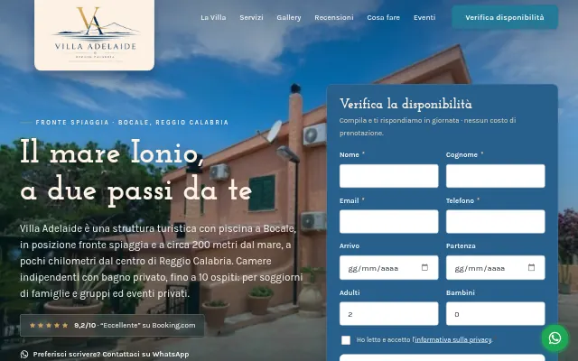Villa Adelaide: sito per una villa con piscina a Reggio Calabria, template WordPress custom. PageSpeed sopra 90 su desktop e mobile